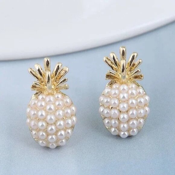 Queen's Attic Ltd. Jewelry - 3/$35 NEW Pineapple Earrings Post Gold Tone Pearl Tropical Beach Vacation